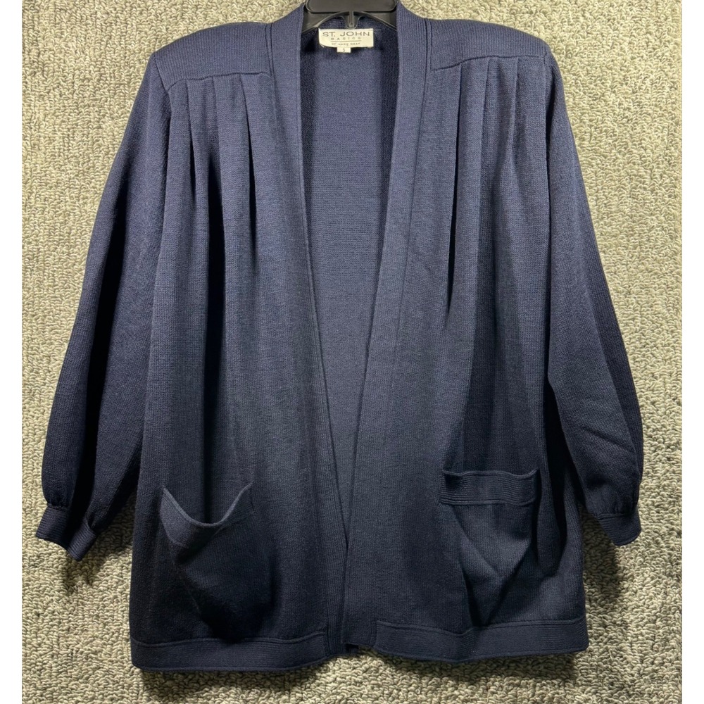 St. John by Marie Gray Cardigan Navy Blue Santana Knit Shoulder Pads Women Small